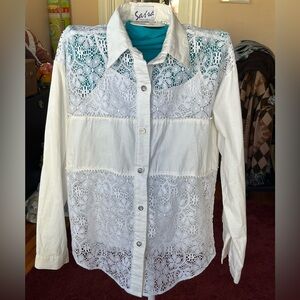 Vintage Sas’sa White Lace Western Style Button-Down Shirt